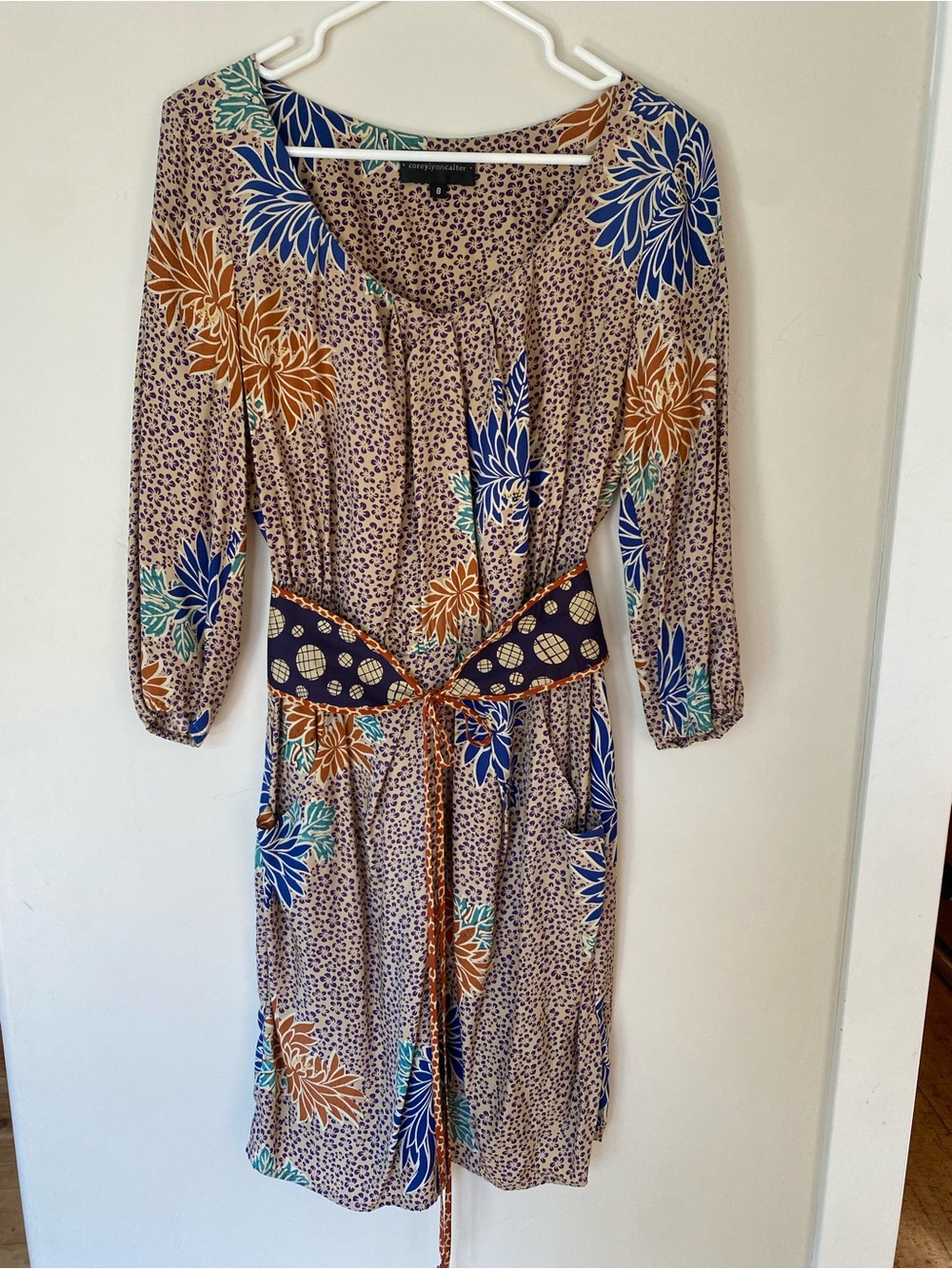 Corey Lynn Calter Floral Print Beige Midi Dress with Blue & Brown Accents